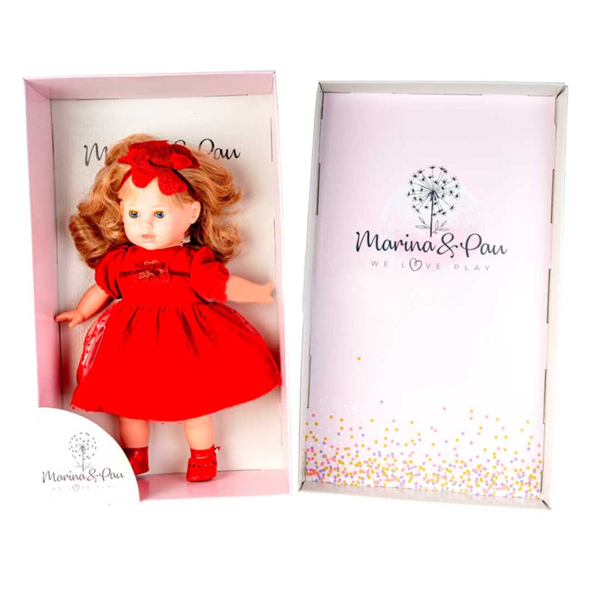 Muñeca Tina Marina Pau con vestido rojo y vincha 42cm 