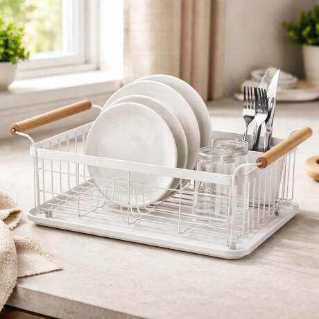 Escurridor Vajilla Metal c/ Asas Madera Bandeja y Cubiertero Blanco