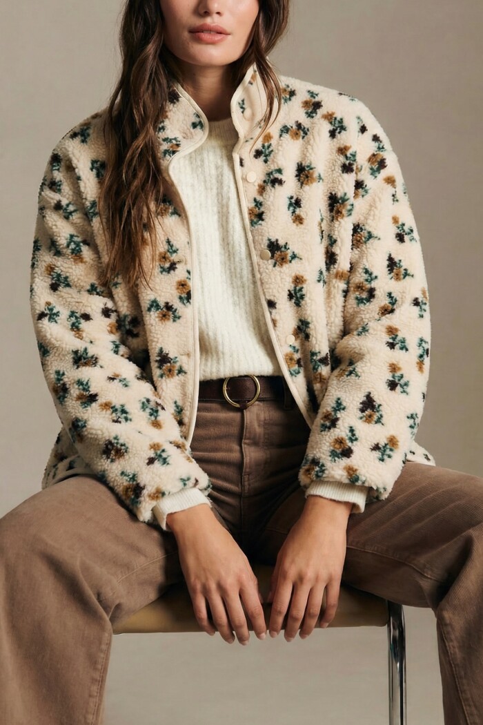 Campera Corderito Estampada Flores Nácar