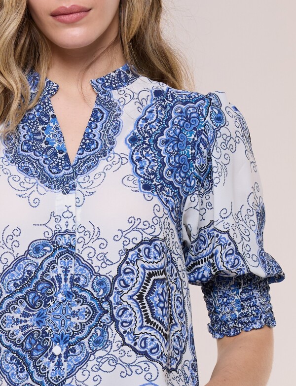 Blusa Crepé Con Mangas Abullonadas BLANCO/AZUL