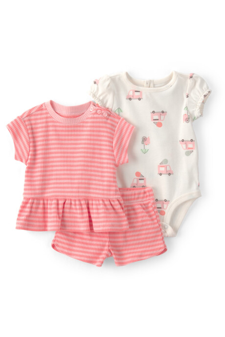 Set tres piezas de algodón, short, remera y body, rosado, diseño a rayas y camión de helados Set tres piezas de algodón, short, remera y body, rosado, diseño a rayas y camión de helados