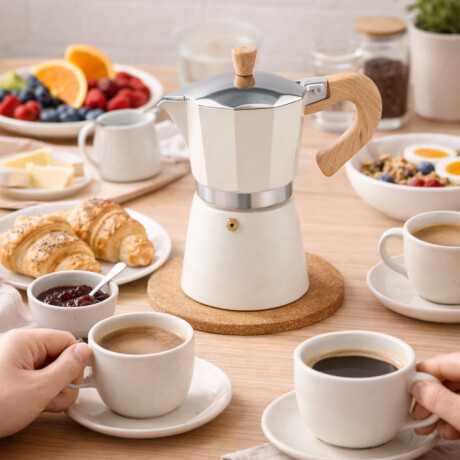 Cafetera italiana con mango simil madera 12 tazas Beige