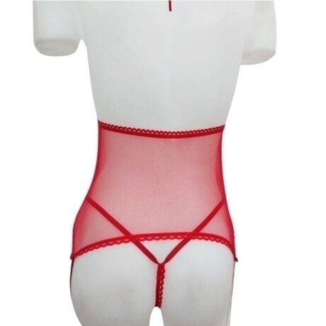 Corset De Tul Sin Tazas Con Portaligas Y Tanga Rojo