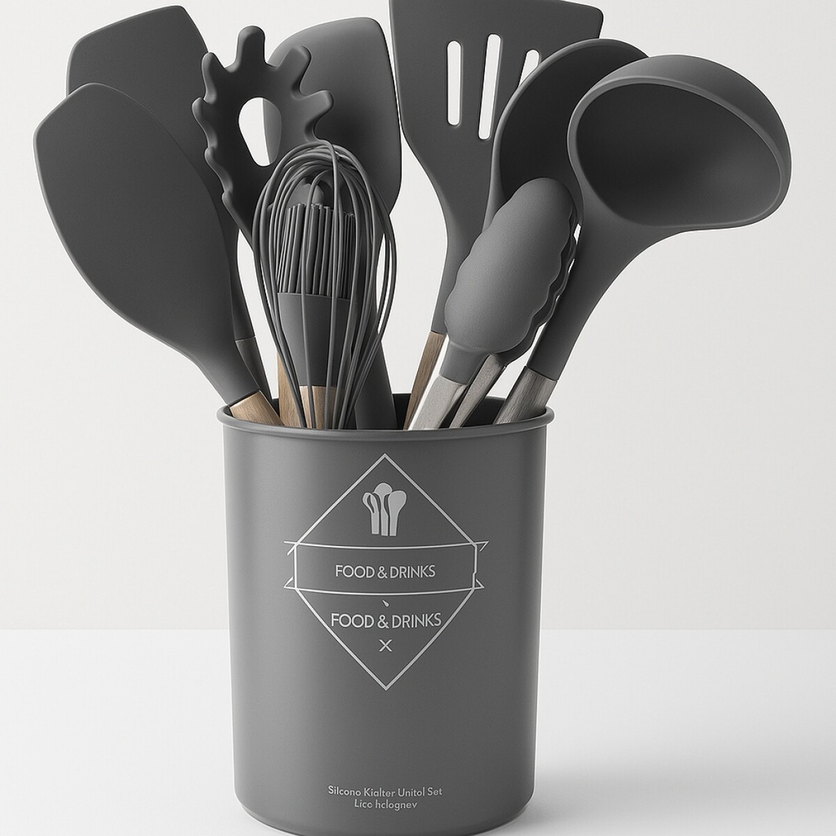 Kit Set Utensilios Para Cocina Madera Y Goma - Gris 