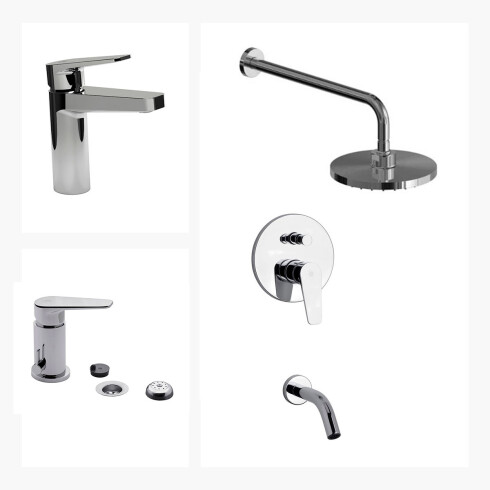 JUEGO COMPLETO CROMADO LINEA ZOE DUCHA EMBUTIDA CON TRANSF, BRAZO Y ROSETA REDONDA, LAVATORIO BAJO Y BIDET CON TRANSF. 000