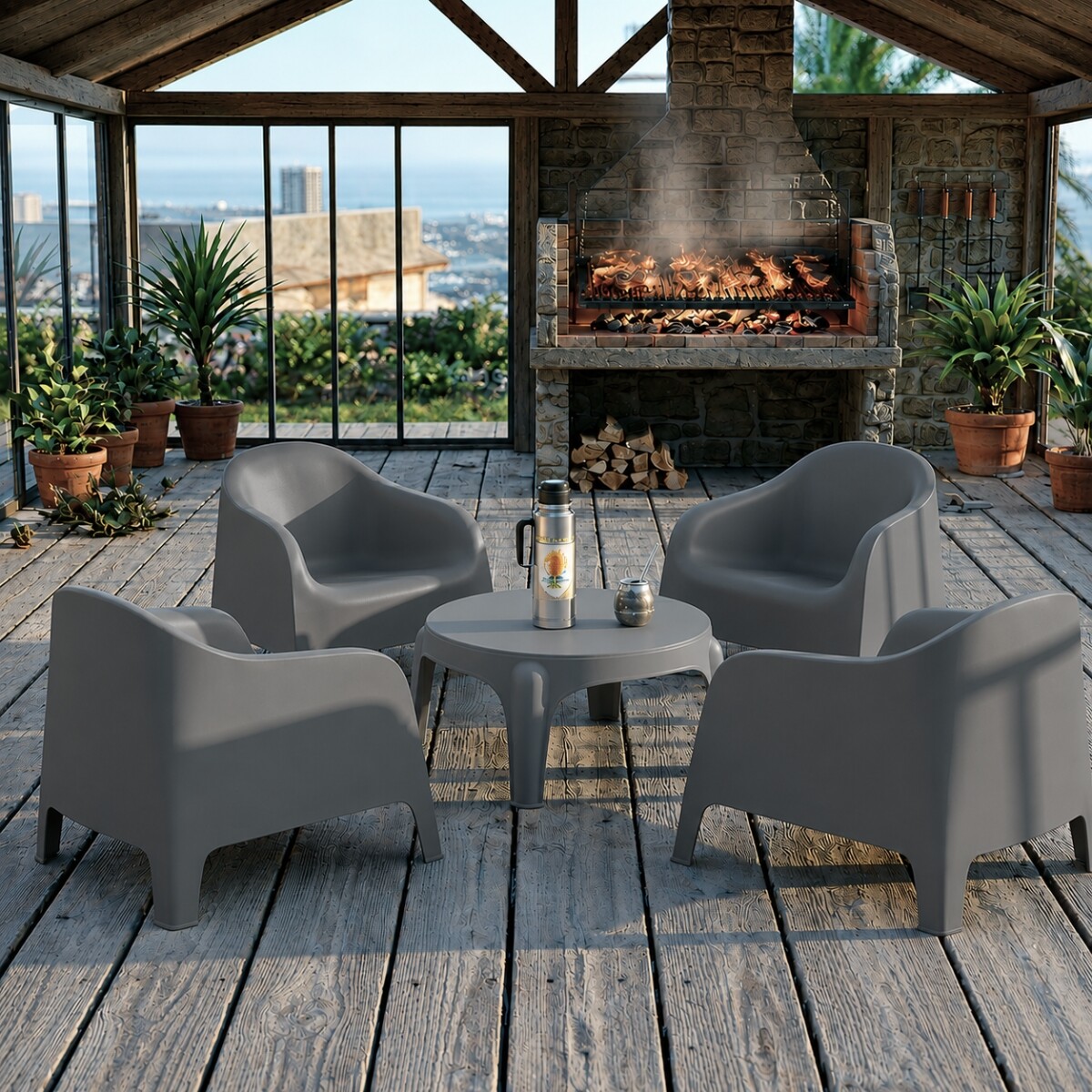 4 Sillones Skarpo + Mesa redonda Puket - GRIS 