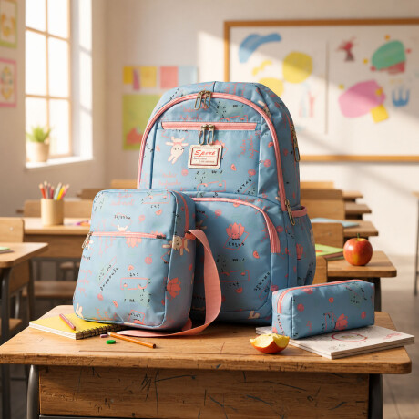 Set Mochila 3 Piezas Diseño Animalitos Escolar Resistente Celeste