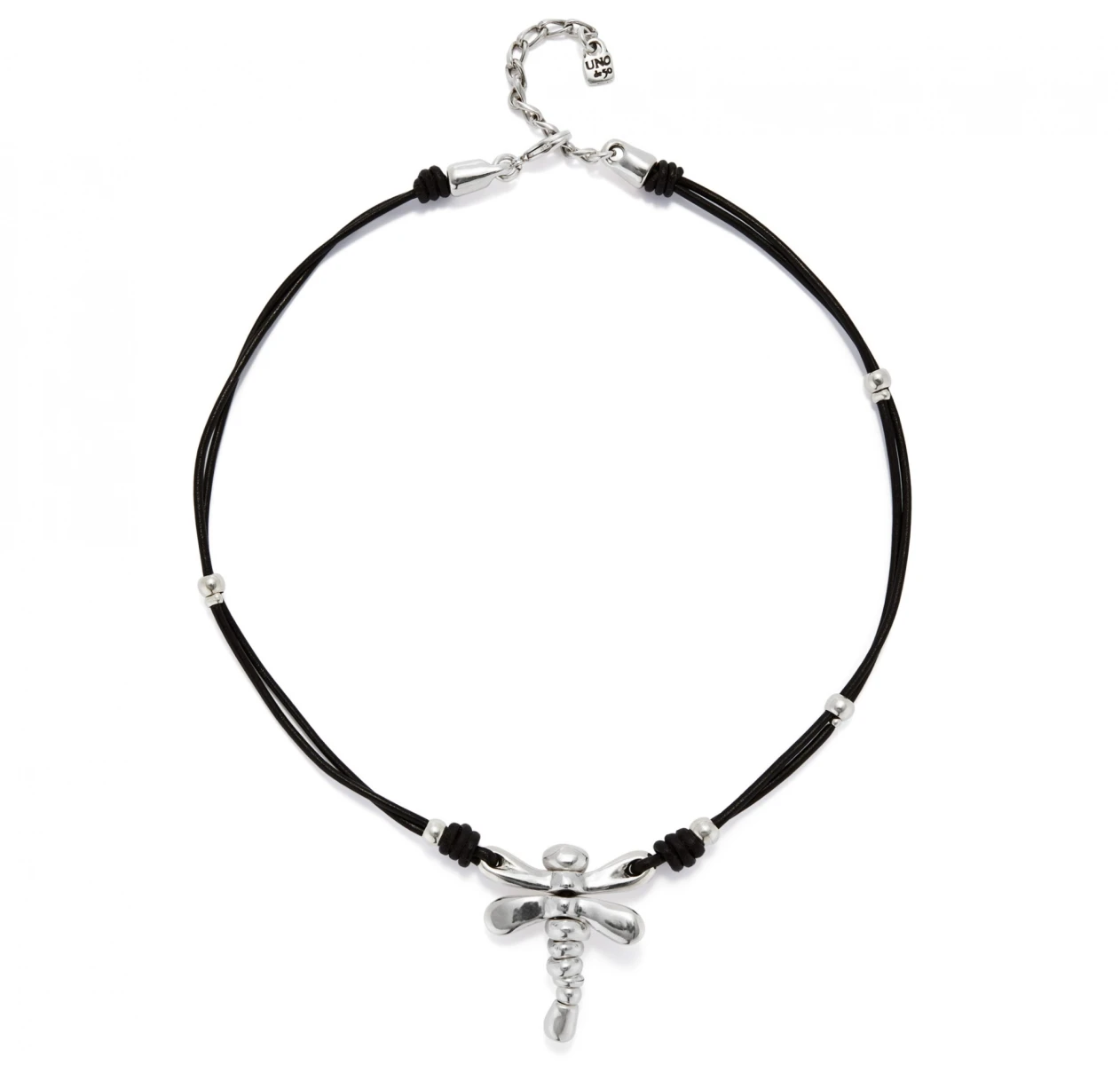 COLLAR DE CUERO Y LIBÉLULA BAÑADA EN PLATA DE LEY - PLATA / BLANCO 