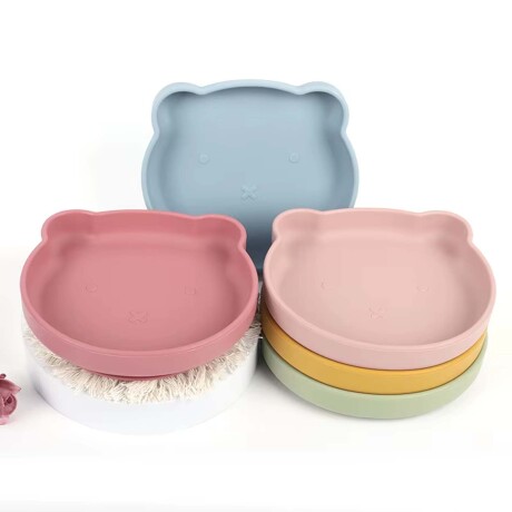 Set Comida Bebé Plato Cuchara Tenedor en Silicona Diseño Oso Azul Grisáceo