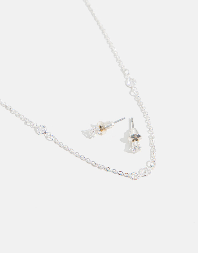Bijouterie Set Strass Set De Collar Y Aros Pasantes - Plateado Rodio