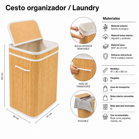 Canasto Cesto Ropa Plegable Bambú Con Tapa Practica Blanco