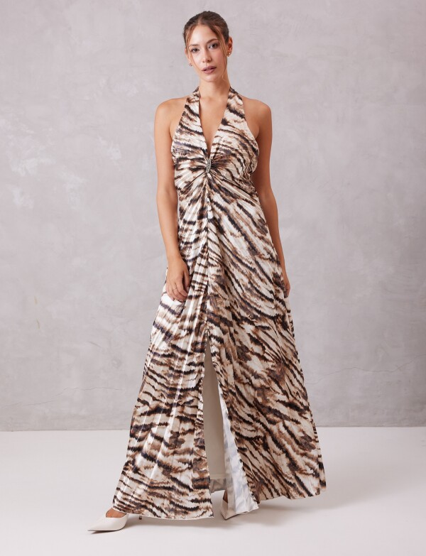 Vestido Largo Halter Plisado Con Broche MULTI/MARRON