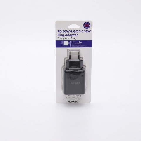 ADAPTADOR DE ENCHUFE PD 20W Y QC 3.0 18W (ENCHUFE EUROPEO/NEGRO) ADAPTADOR DE ENCHUFE PD 20W Y QC 3.0 18W (ENCHUFE EUROPEO/NEGRO)