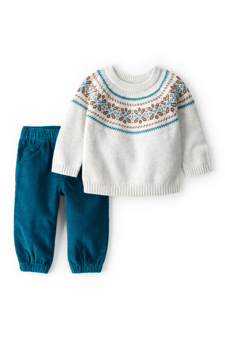 Set dos piezas, pantalón de pana azul y buzo de algodón, diseño fair isle Sin color