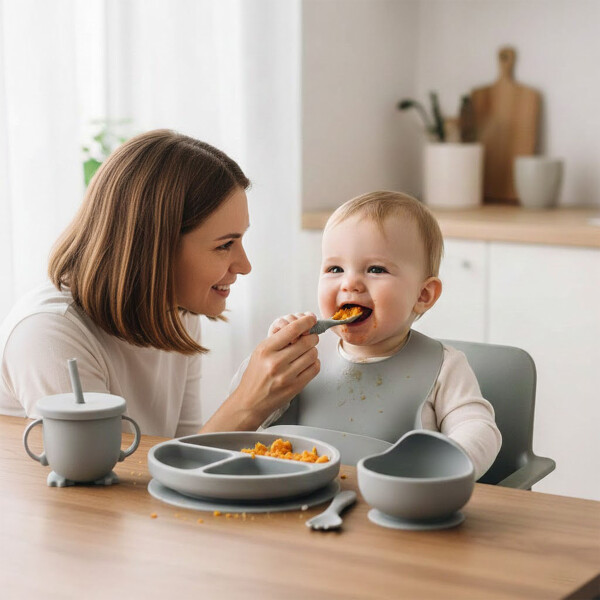 Set Alimentación Bebé Platos Silicona Libre Bpa 10 Piezas Color Gris