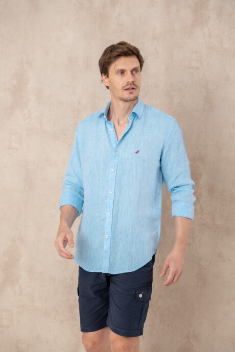 Camisa Lino Short Collar Aqua