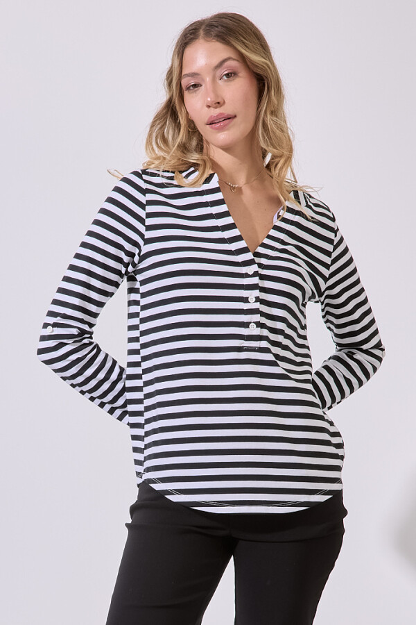 Remera Algodon Escote V NEGRO/BLANCO