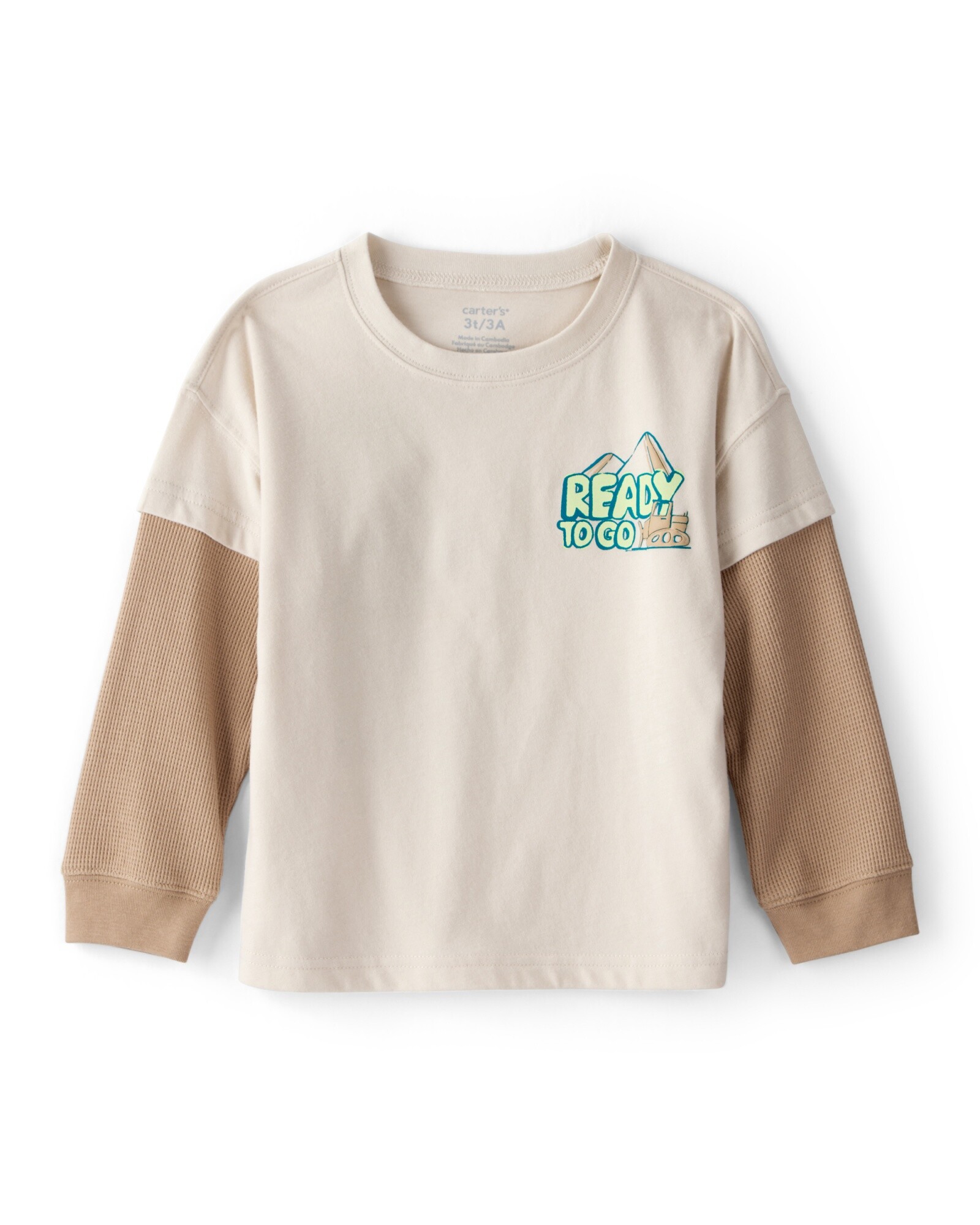 Remera de algodón, manga larga, beige, estampada Sin color