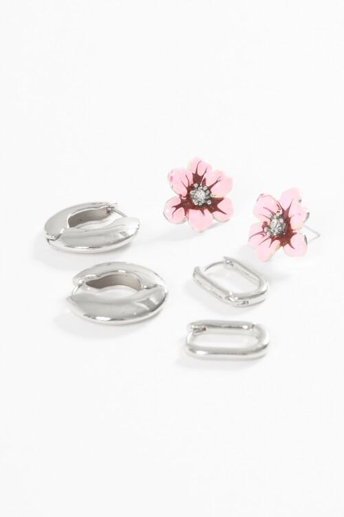 Set caravana flor y aros plateado