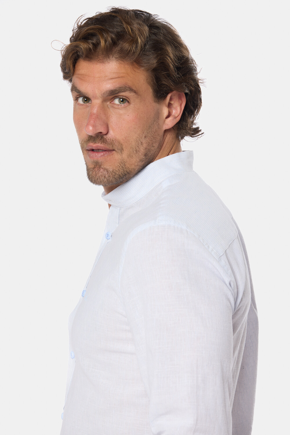 CAMISA RAYADA DE LINO CUELLO MAO Celeste