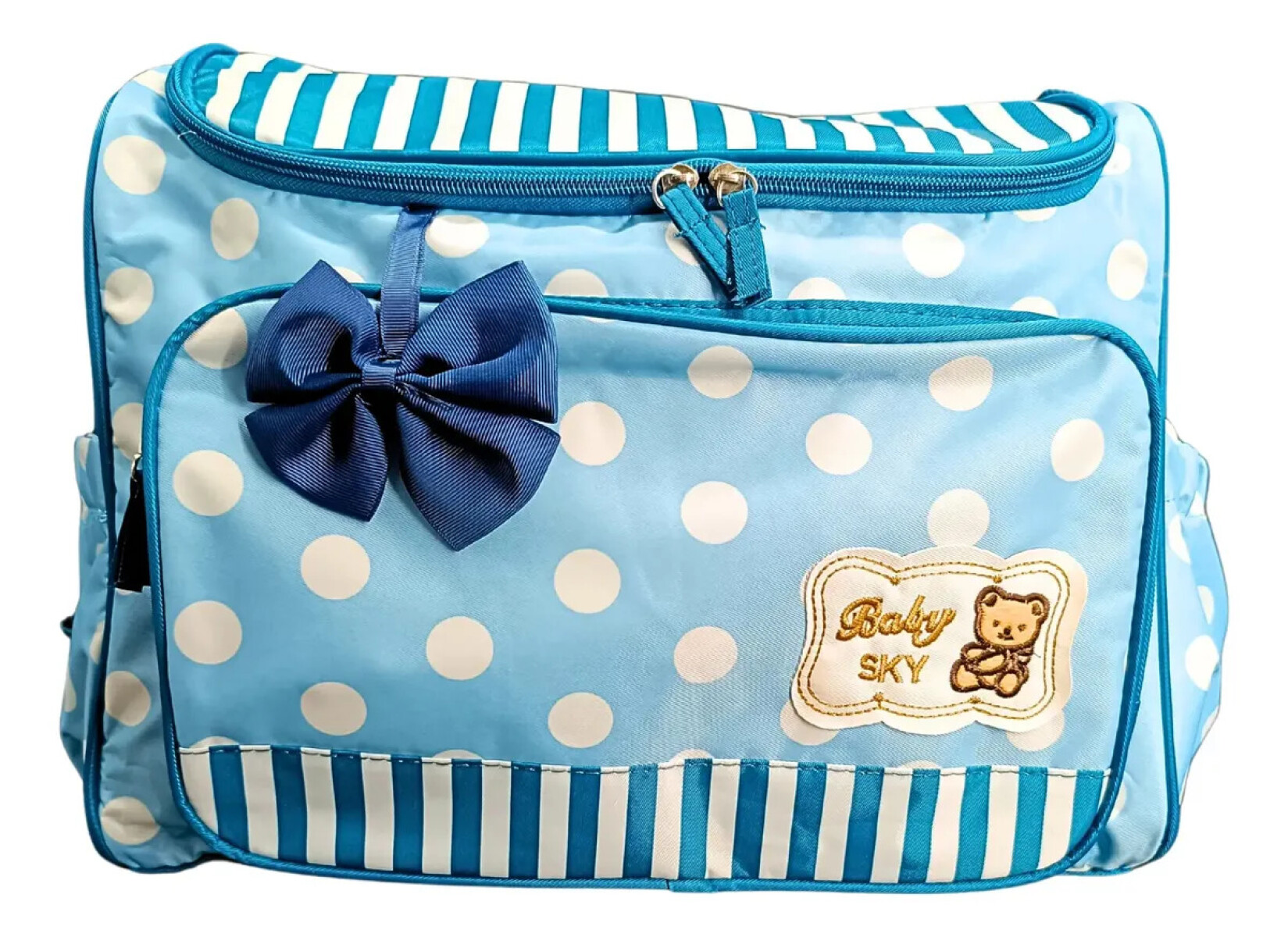 Bolso maternal, pañalero con cambiador rayas - lunares - Celeste 
