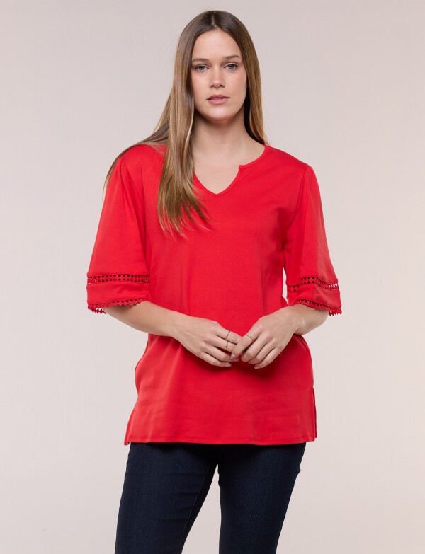 Remera De Algodón Con Detalles De Puntilla ROJO