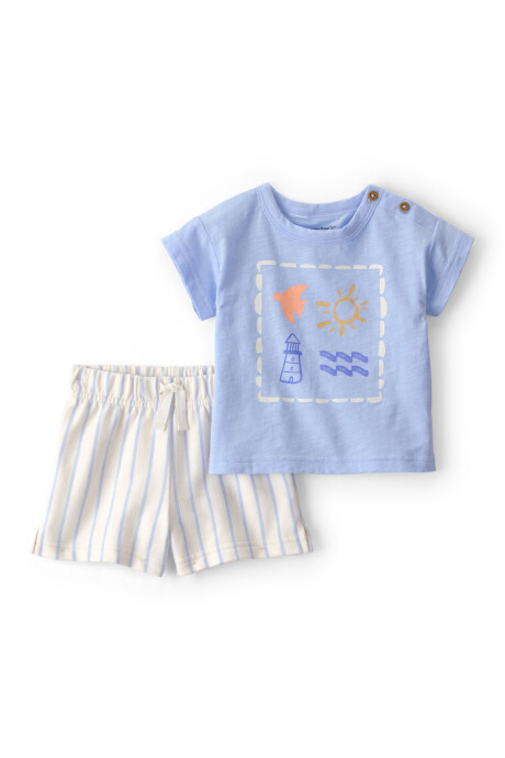 Set dos piezas de algodón, short y remera, azul y marfil, estampa faro Sin color