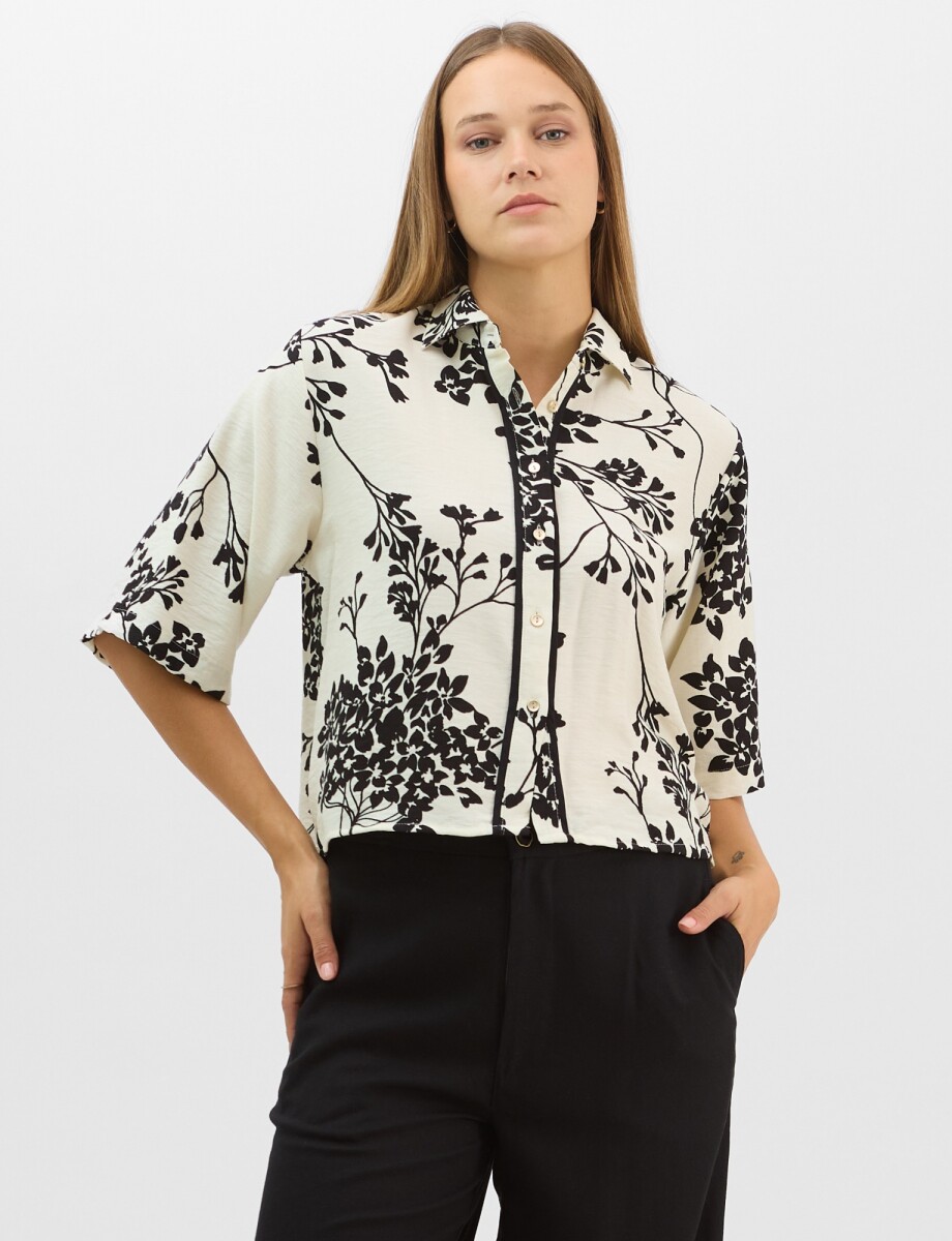 Camisa Estampada Con Motivos Botánicos - Negro/crudo 