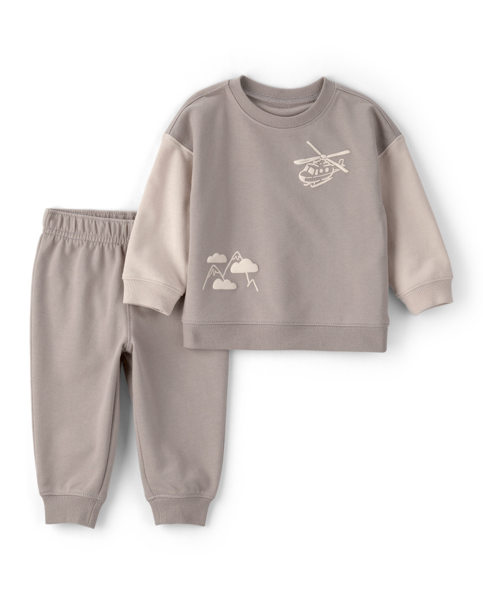 Set dos piezas de algodón, pantalón y buzo, gris, estampa helicóptero Set dos piezas de algodón, pantalón y buzo, gris, estampa helicóptero