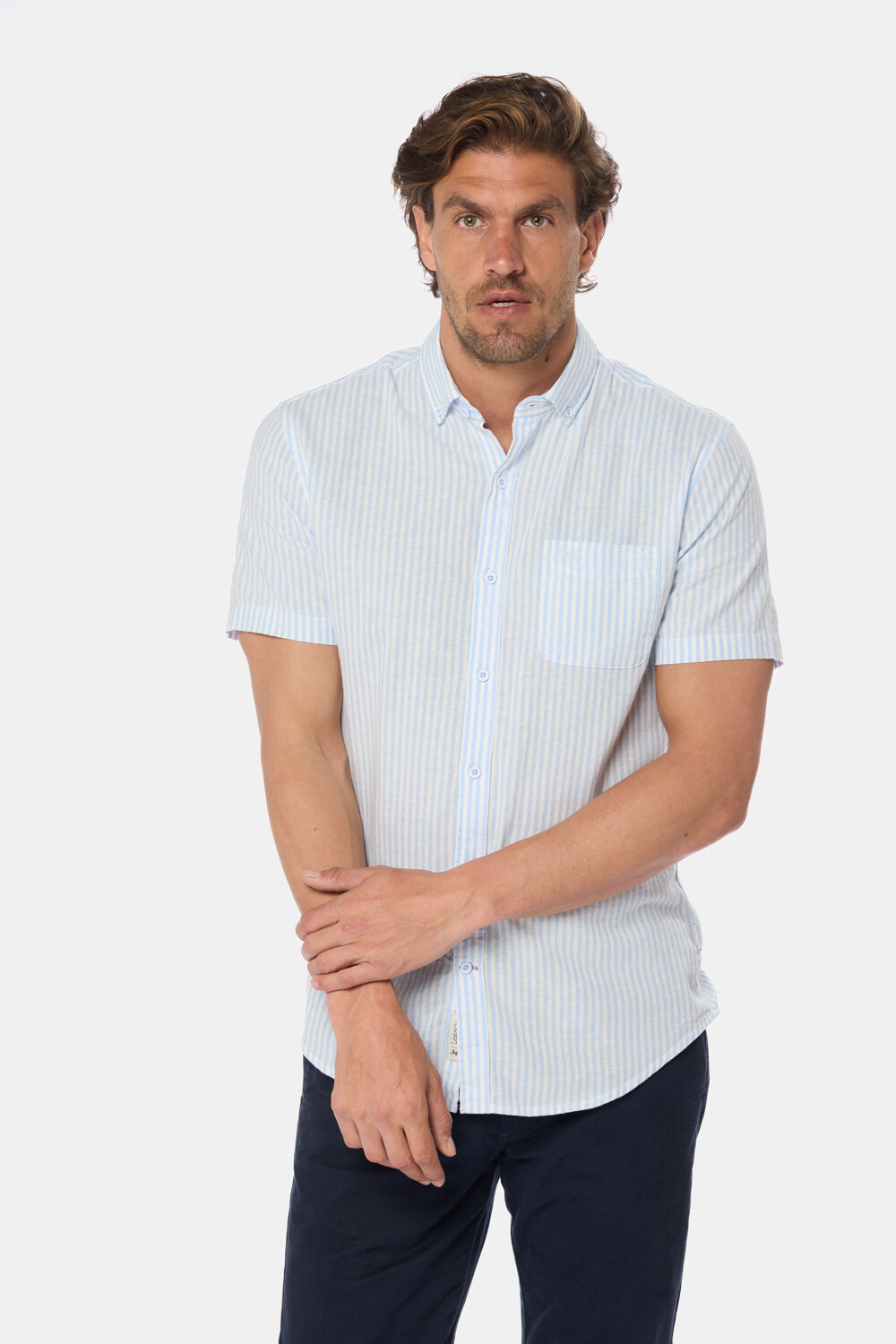 CAMISA DE LINO RAYADA Azul