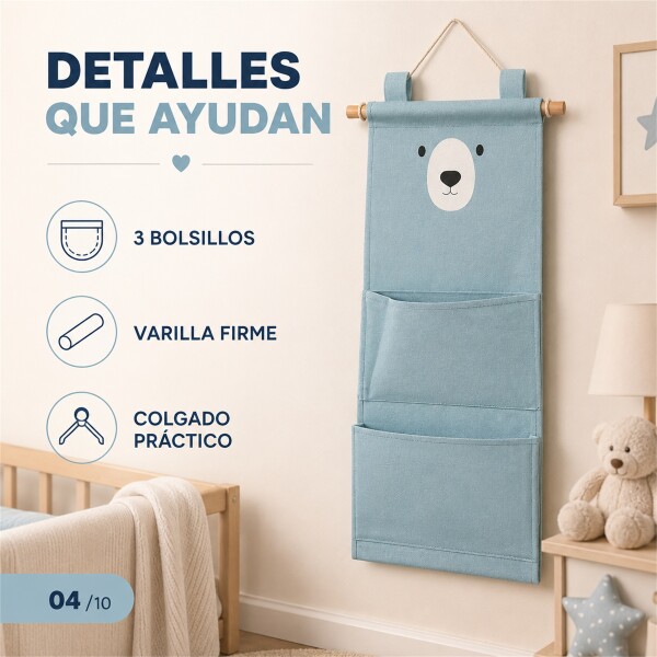 Organizador Colgante Osito Con 3 Bolsillos Para Bebé 60x20cm Azul