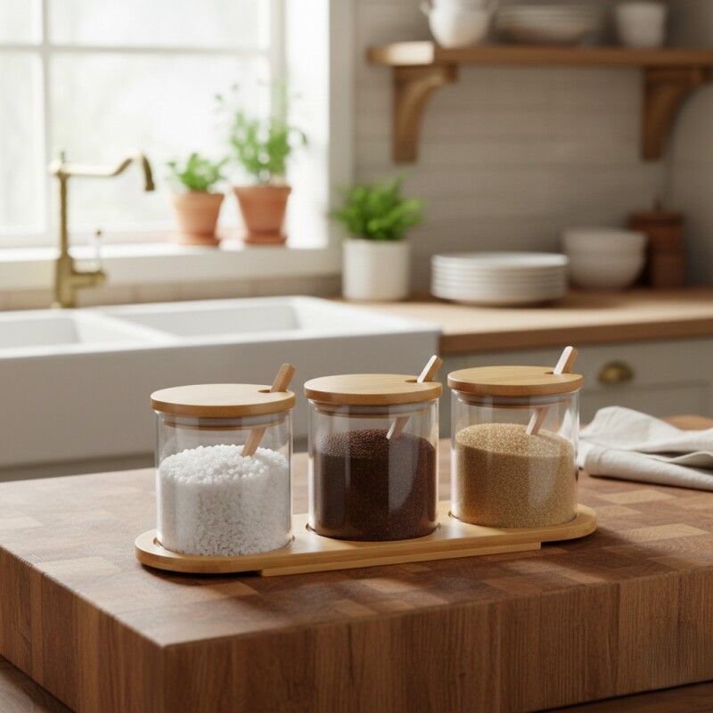 SET FRASCO DE VIDRIO 4PZ C/TAPA/CUCH/BASE MADERA Unica