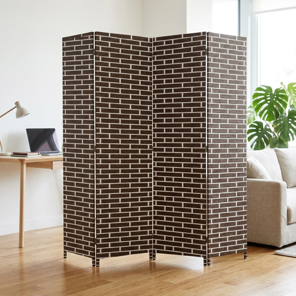Biombo Boho Nhome 4 Paneles Madera Ratán Clásico Marrón con blanco