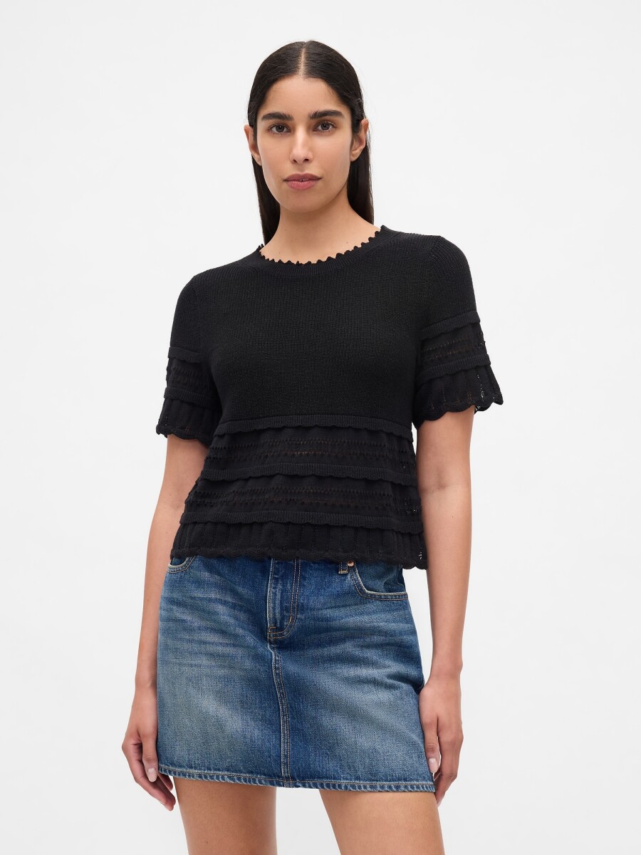 SS LINEN POINTELLE TOP - BLACK 