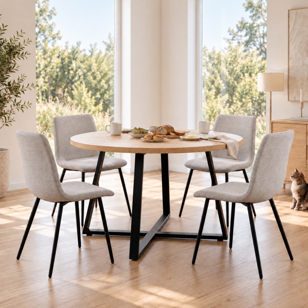 JUEGO DE COMEDOR MESA REDONDA EXTENSIBLE MADERA PATAS EN METAL + 4 SILLAS TAPIZADAS SILLAS BEIGE