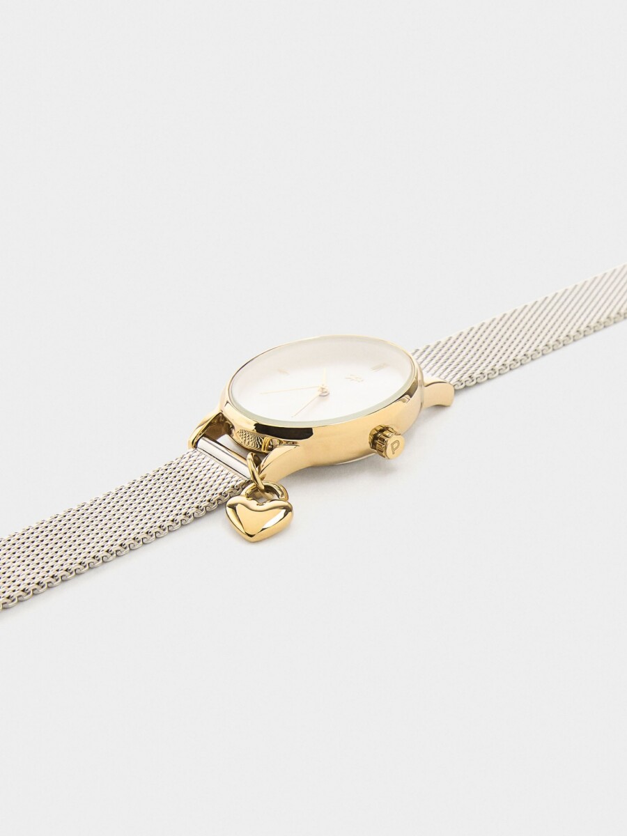 Reloj Pulsera De Malla Metálica Con Charm bicolor