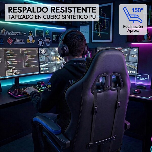 Silla Gamer Ergonomica Escritorio Reclinable Soporta 200kg Imback Negro con Azul Silla Gamer Ergonomica Escritorio Reclinable Soporta 200kg Imback Negro con Azul