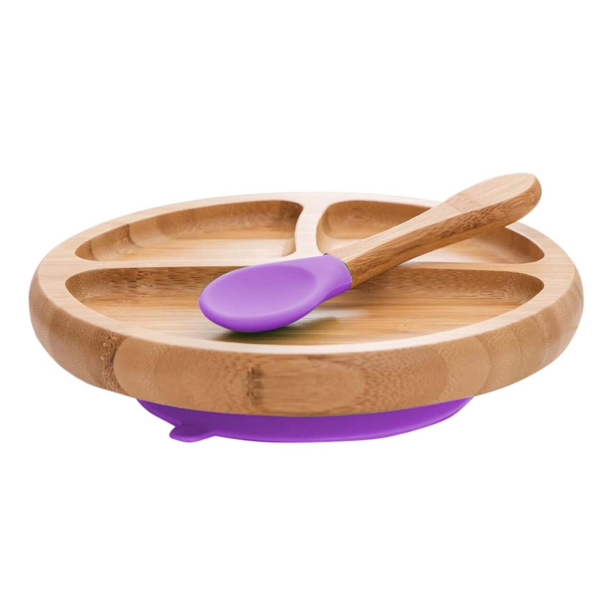 Plato con Separaciones y Cuchara Comida Bebé Madera Silicona - Lila 