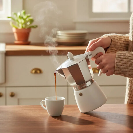 Cafetera Italiana Comet 6 Tazas Aluminio Mango Ergonómico Blanco