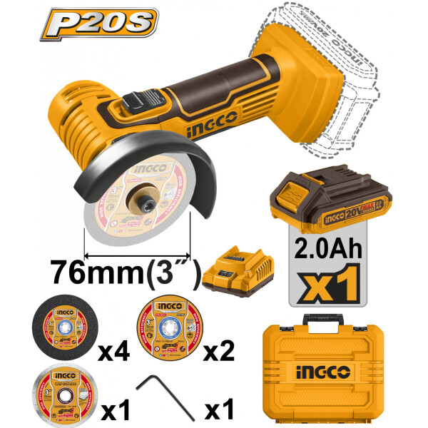 MINI AMOLADORA 3 PULG 20V P20S BATERIA CARGADOR VALIJA INGCO CAGLI76012 MINI AMOLADORA 3 PULG 20V P20S BATERIA CARGADOR VALIJA INGCO CAGLI76012