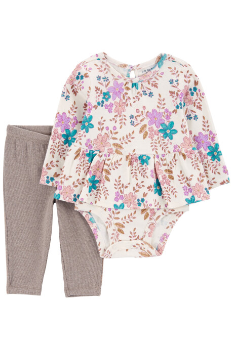 Set dos piezas de algodón, pantalón y body con volado, diseño floral Sin color