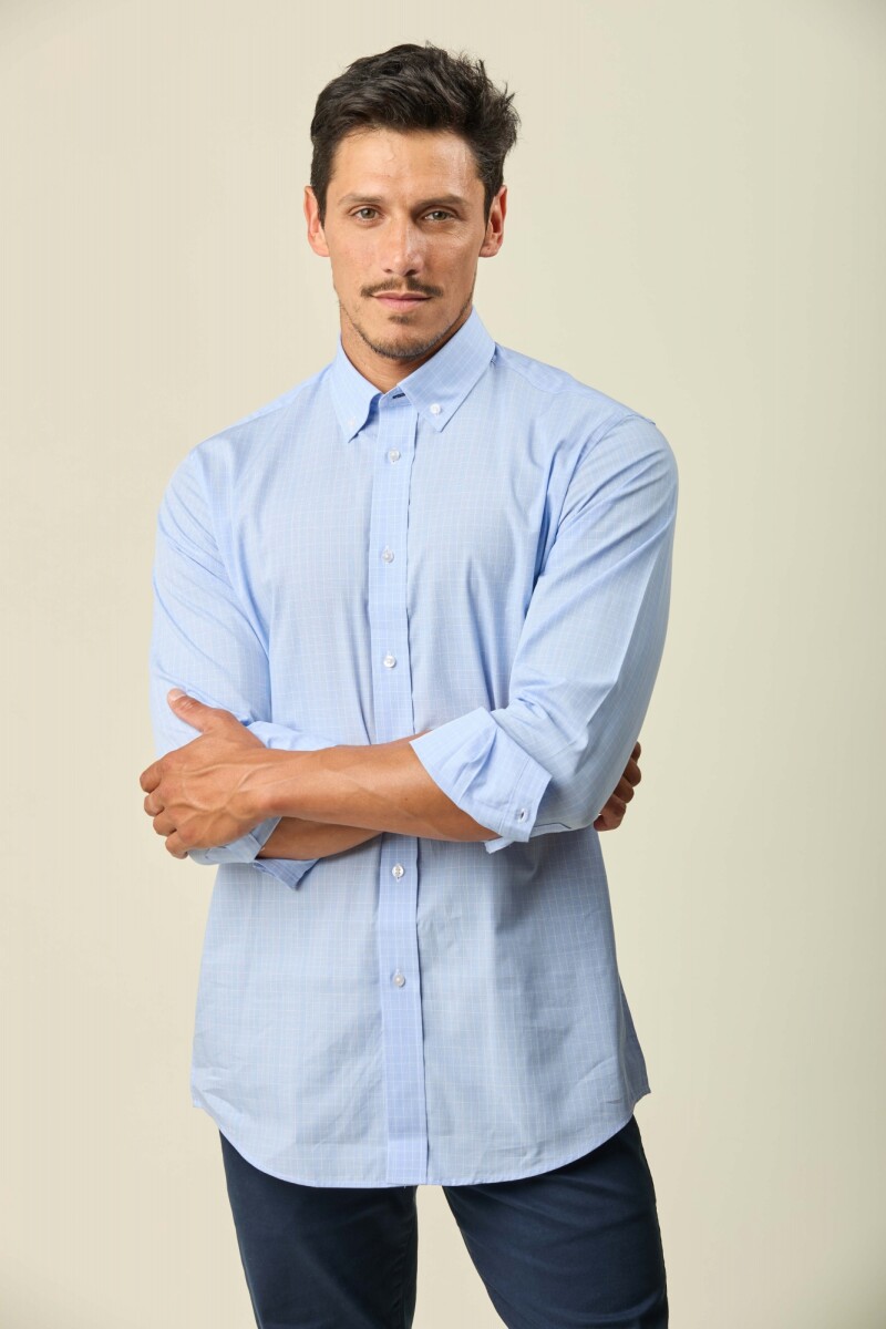 Camisa Sport Algodón Manga Larga - Celeste Cuadro Blanco 