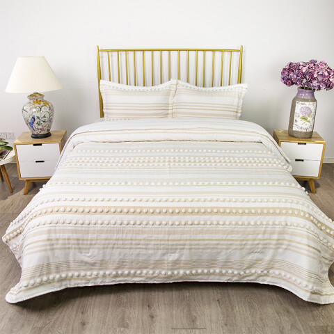 Colcha Nordico con Pompón Richmond 1 Plaza 150 x 240 cm RAYAS BEIGE