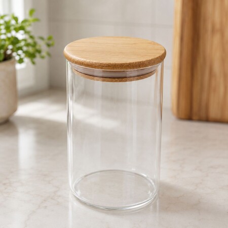 FRASCO DE VIDRIO 550ML CILÍNDRICO CON TAPA DE MADERA FRASCO DE VIDRIO 550ML CILÍNDRICO CON TAPA DE MADERA