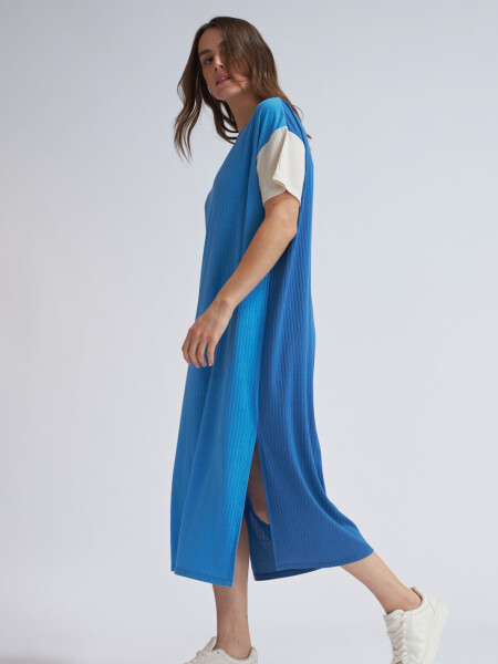 Vestido largo manga corta en rib Azul- Beige