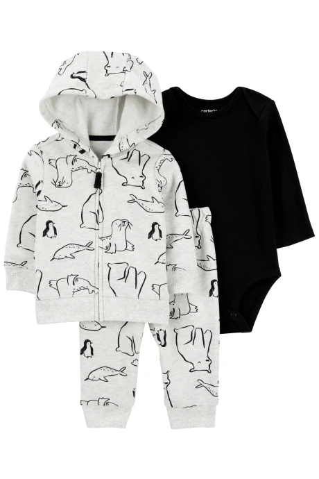 Set tres piezas de algodón, campera con capucha, pantalón y body, diseño animales árticos Set tres piezas de algodón, campera con capucha, pantalón y body, diseño animales árticos