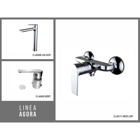 JUEGO COMPLETO DE GRIFERIA CROMADA DE BAÑO MONOCOMANDO. INCLUYE DUCHA EXTERNA, LAVATORIO Y BIDET. AGORA CLEVER 000