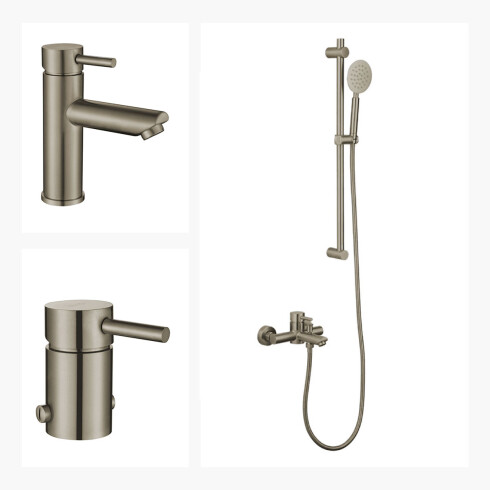 JUEGO DE GRIFERIA BRUSH NICKEL DUCHA EXTERIOR LAVATORIO BAJO Y BIDET GRIS-BRUSHED NICKEL