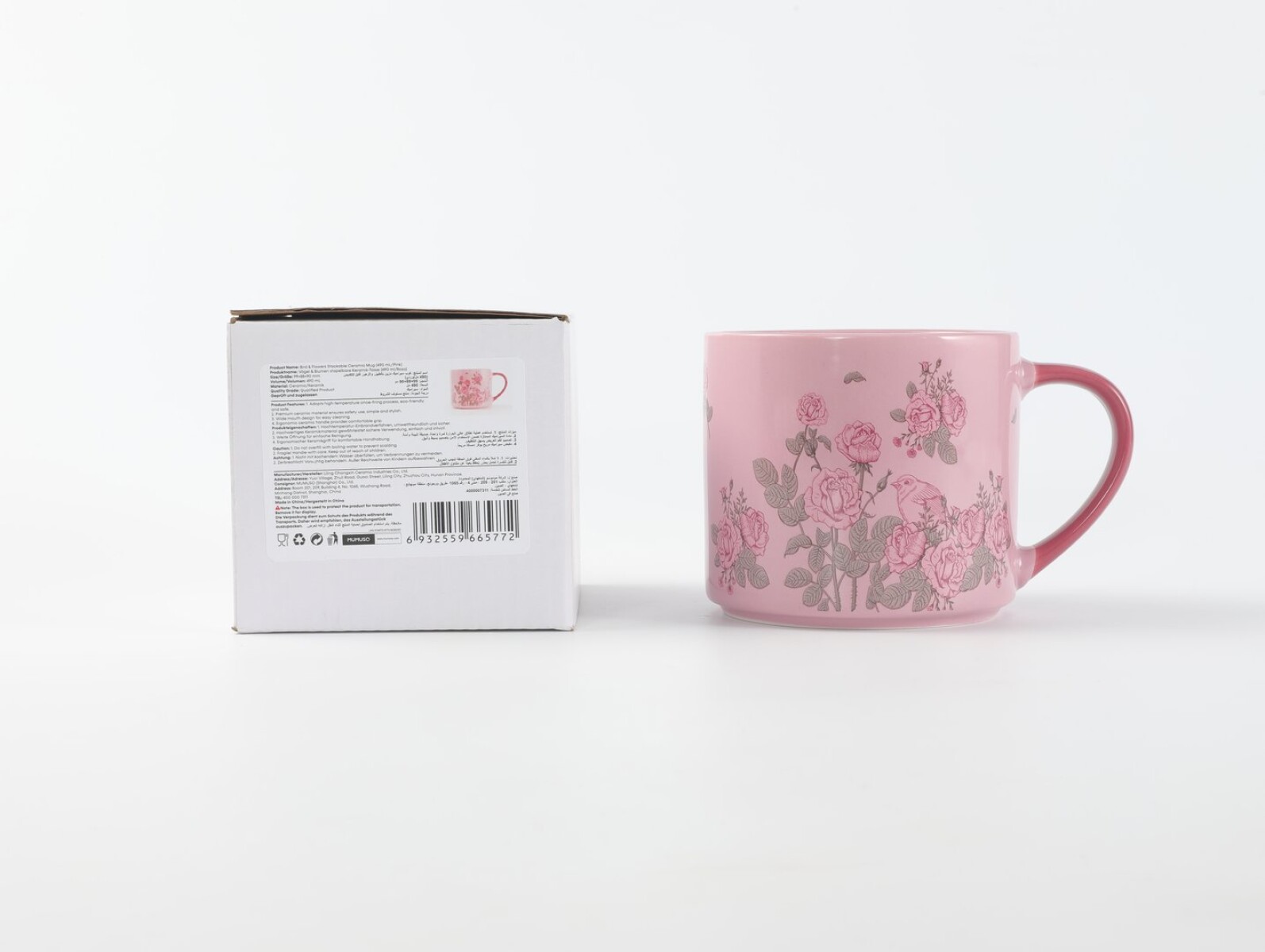 TAZA CERÁMICA APILABLE PÁJAROS Y FLORES (490 ML / ROSA) 