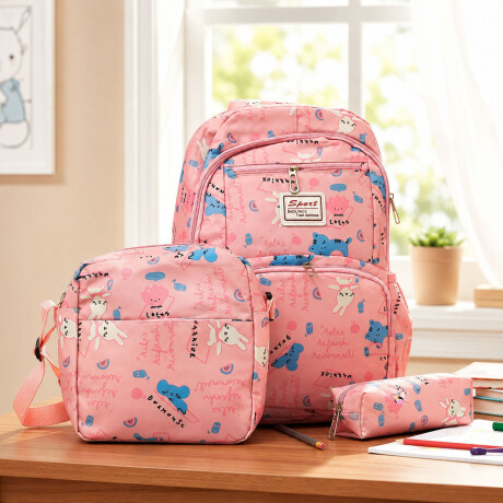 Set Mochila 3 Piezas Diseño Animalitos Escolar Resistente Rosa Claro